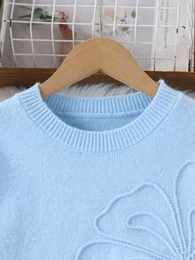 Tween Girls Sweater Co-Ords Coffee Color Special Embroidery Round Neck Pullover With Pleated Skirt - Blue - View 5