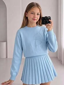 Tween Girls Sweater Co-Ords Coffee Color Special Embroidery Round Neck Pullover With Pleated Skirt - Blue - View 1