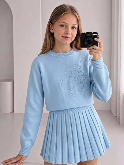 Tween Girls Sweater Co-Ords Coffee Color Special Embroidery Round Neck Pullover With Pleated Skirt