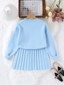 Tween Girls Sweater Co-Ords Coffee Color Special Embroidery Round Neck Pullover With Pleated Skirt - Blue - View 2