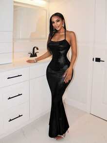 BamGleam Women's Solid Color Mermaid Hem Fitted Elegant Halter Neck Dress - Black - View 4