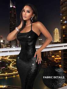 BamGleam Women's Solid Color Mermaid Hem Fitted Elegant Halter Neck Dress - Black - View 8