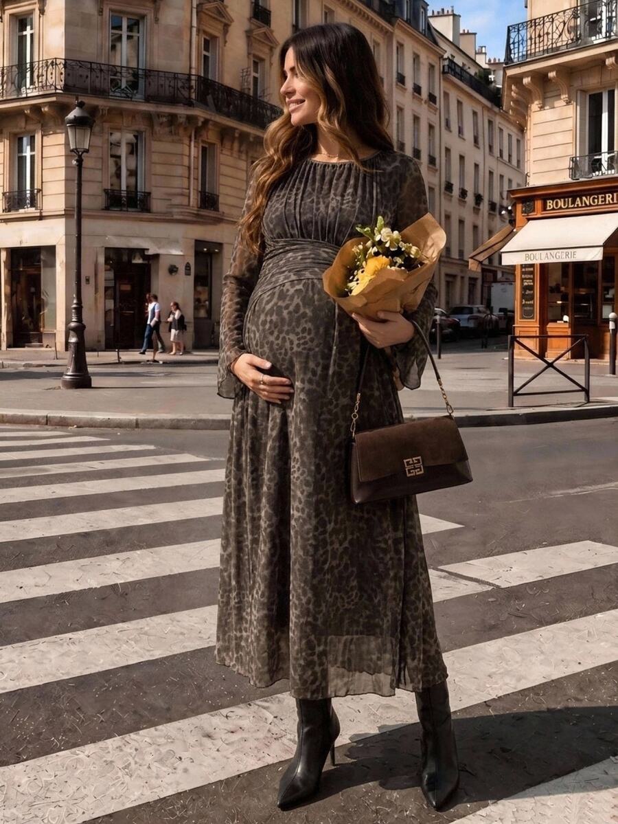 SHEIN Maternity Leopard Print Round Neck Long Sleeve Ruched Waist Elegant Dress Fall - Brown - View 1