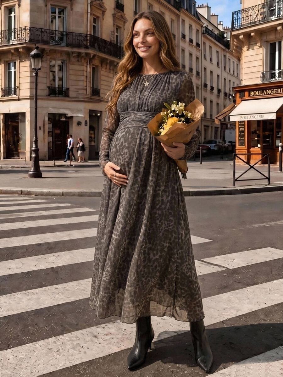 SHEIN Maternity Leopard Print Round Neck Long Sleeve Ruched Waist Elegant Dress Fall - Brown - View 1