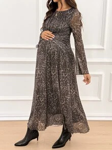 SHEIN Maternity Leopard Print Round Neck Long Sleeve Ruched Waist Elegant Dress Fall - Brown - View 5