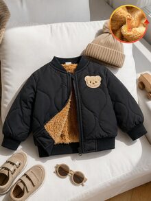 SHEIN Vintaside Kids 男嬰冬季立領長袖簡約休閒保暖內裡加厚外套，適合寒冷季節休閒戶外活動與朋友聚會，舒適自在且時尚的簡約設計 - 黑色 - 查看 4