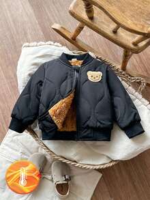 SHEIN Vintaside Kids 男嬰冬季立領長袖簡約休閒保暖內裡加厚外套，適合寒冷季節休閒戶外活動與朋友聚會，舒適自在且時尚的簡約設計 - 黑色 - 查看 5