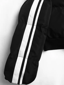 SHEIN Tween Girls Cropped Fleece Inner Stand Collar White Tape Black Sporty Padded Coat Winter - Black - View 6