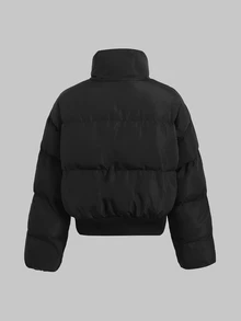 SHEIN Tween Girls Cropped Fleece Inner Stand Collar White Tape Black Sporty Padded Coat Winter - Black - View 4