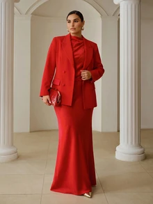 ZEYLAH Satin Patchwork Elegant Women's Blazer - Red - View 5