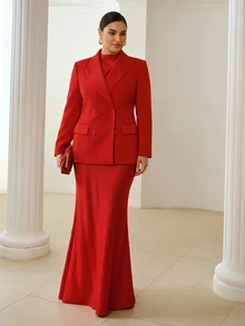 ZEYLAH Satin Patchwork Elegant Women's Blazer - Red - View 6