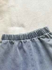 Vintaside Kids 2件組幼女甜美白色藍色蝴蝶結荷葉邊蕾絲鏤空泡泡袖圓領修身上衣＋牛仔褲，生日派對秋季白色波浪邊上衣 - 藍白色 - 查看 10