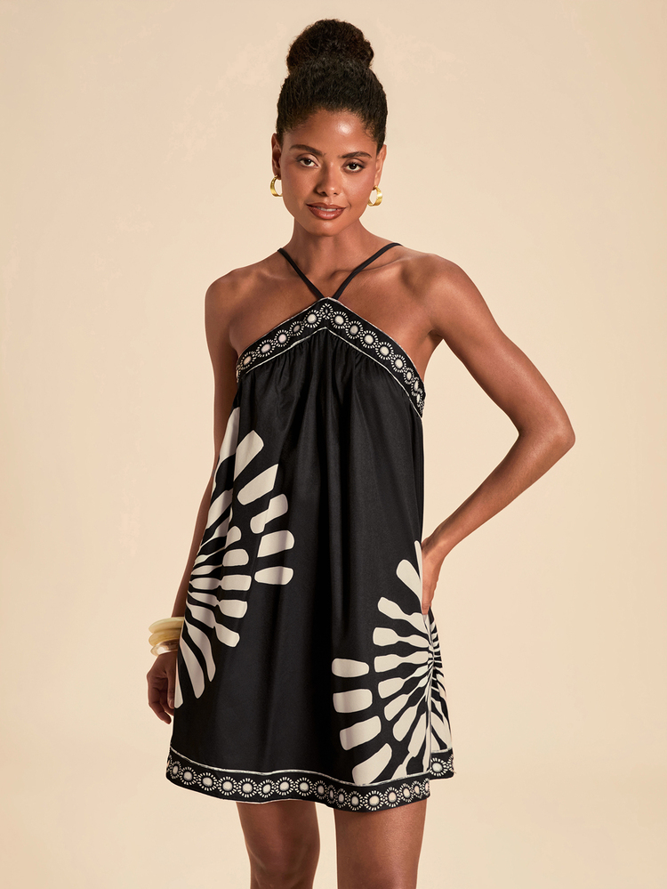 Travachic Tropical Print Tie Back Halter Neck Short Dress,Summer, Holiday Night Out Beach Vacation,Date,Going Out Tops,Y2K Boho Black - Black - View 5