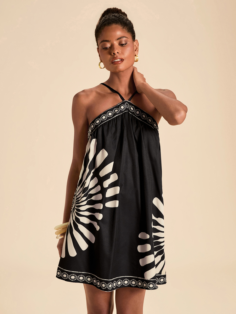 Travachic Tropical Print Tie Back Halter Neck Short Dress,Summer, Holiday Night Out Beach Vacation,Date,Going Out Tops,Y2K Boho Black - Black - View 4