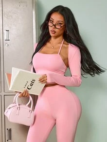 SHEIN Sovereign Charm Women's Solid Color Minimalist Halter Neck Tank Top And Flared Long Pants With Long Sleeve Cardigan Sports Set - Pink - View 4