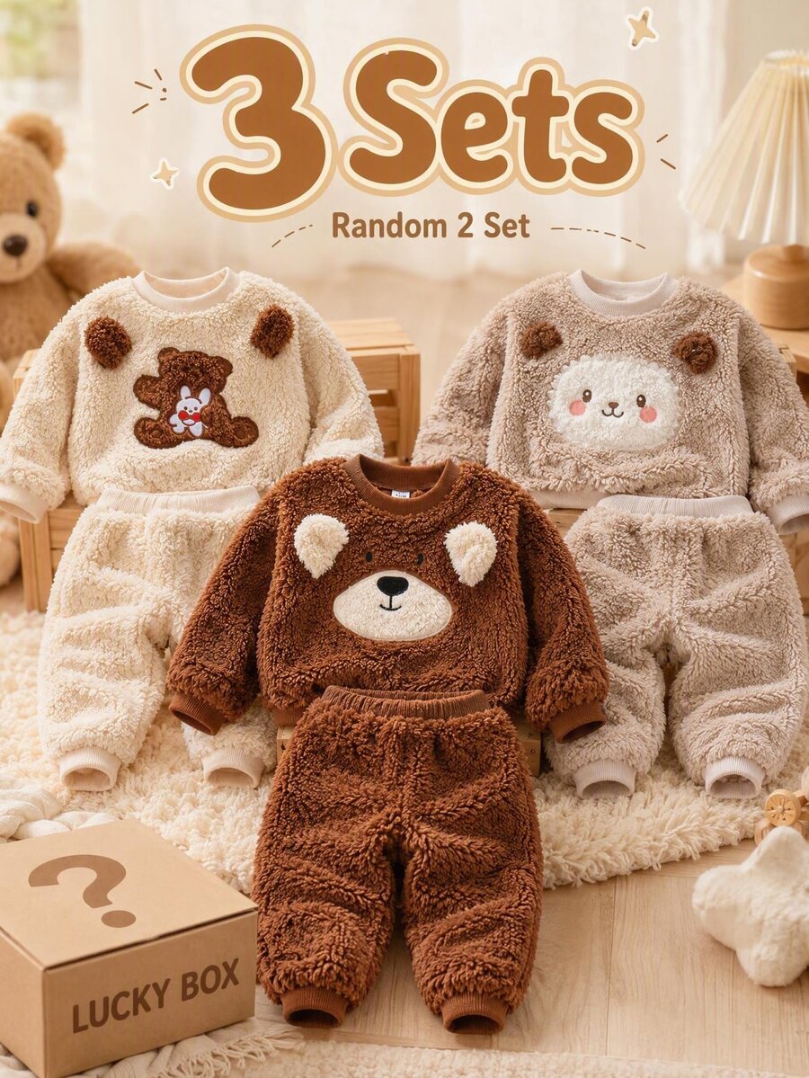 SHEIN Vintaside Kids 男嬰冬季可愛熊卡通刺繡抓絨中磅圓領長袖運動衫與休閒褲多件套裝，柔軟可愛3D熊耳朵與卡通刺繡設計，適合外出、公園遊玩或家庭聚會，拍照效果佳 - 彩色 - 查看 1