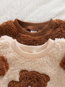 SHEIN Vintaside Kids 男嬰冬季可愛熊卡通刺繡抓絨中磅圓領長袖運動衫與休閒褲多件套裝，柔軟可愛3D熊耳朵與卡通刺繡設計，適合外出、公園遊玩或家庭聚會，拍照效果佳 - 彩色 - 查看 4