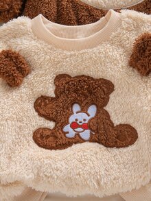 SHEIN Vintaside Kids 男嬰冬季可愛熊卡通刺繡抓絨中磅圓領長袖運動衫與休閒褲多件套裝，柔軟可愛3D熊耳朵與卡通刺繡設計，適合外出、公園遊玩或家庭聚會，拍照效果佳 - 彩色 - 查看 9