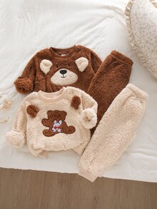 SHEIN Vintaside Kids 男嬰冬季可愛熊卡通刺繡抓絨中磅圓領長袖運動衫與休閒褲多件套裝，柔軟可愛3D熊耳朵與卡通刺繡設計，適合外出、公園遊玩或家庭聚會，拍照效果佳 - 彩色 - 查看 6