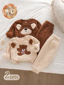 SHEIN Vintaside Kids 男嬰冬季可愛熊卡通刺繡抓絨中磅圓領長袖運動衫與休閒褲多件套裝，柔軟可愛3D熊耳朵與卡通刺繡設計，適合外出、公園遊玩或家庭聚會，拍照效果佳 - 彩色 - 查看 3