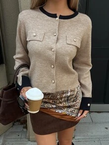 DAZY Autumn/Winter Round Neck Metal Button Black Colorblock Patchwork Elegant Commute Office Knit Cardigan For Women - Khaki - View 7