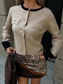 DAZY Autumn/Winter Round Neck Metal Button Black Colorblock Patchwork Elegant Commute Office Knit Cardigan For Women - Khaki - View 4