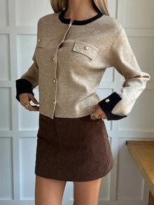 DAZY Autumn/Winter Round Neck Metal Button Black Colorblock Patchwork Elegant Commute Office Knit Cardigan For Women - Khaki - View 2