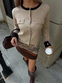 DAZY Autumn/Winter Round Neck Metal Button Black Colorblock Patchwork Elegant Commute Office Knit Cardigan For Women - Khaki - View 5