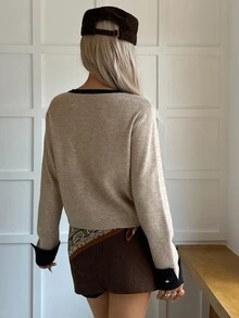 DAZY Autumn/Winter Round Neck Metal Button Black Colorblock Patchwork Elegant Commute Office Knit Cardigan For Women - Khaki - View 6