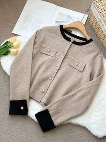 DAZY Autumn/Winter Round Neck Metal Button Black Colorblock Patchwork Elegant Commute Office Knit Cardigan For Women - Khaki - View 1