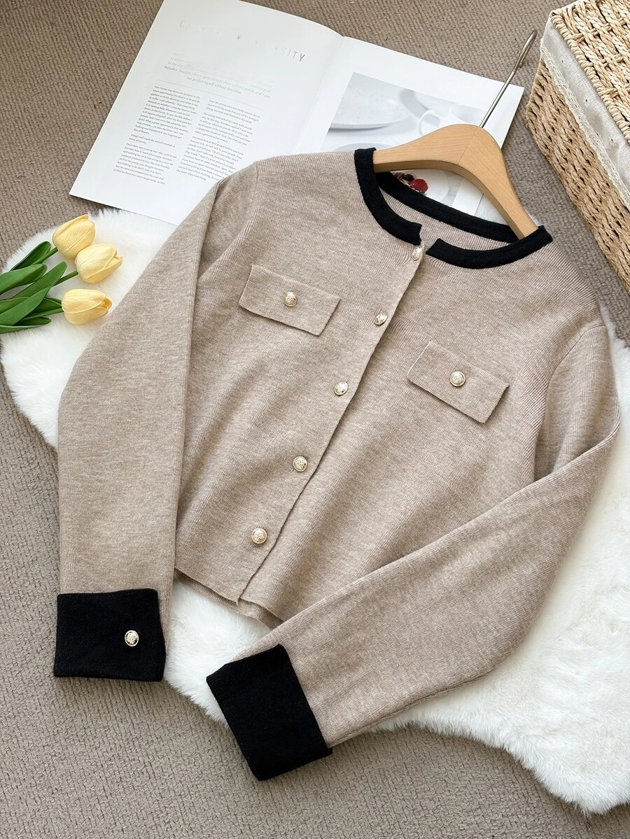 DAZY Autumn/Winter Round Neck Metal Button Black Colorblock Patchwork Elegant Commute Office Knit Cardigan For Women - Khaki - View 1