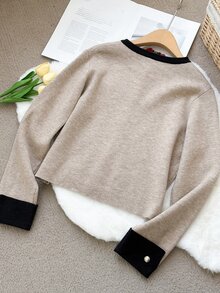DAZY Autumn/Winter Round Neck Metal Button Black Colorblock Patchwork Elegant Commute Office Knit Cardigan For Women - Khaki - View 8