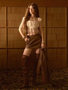MOTF STUDIO WOMEN'S AUTUMN/WINTER LEOPARD PRINT PATCHWORK POCKET DRAWSTRING LEATHER SKIRT - Mocha Brown - View 6