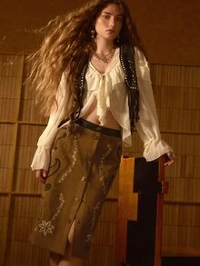 MOTF STUDIO WOMEN'S AUTUMN/WINTER VINTAGE BOHEMIAN STYLE APPLIQUE EMBROIDERED SKIRT - Brown - View 3