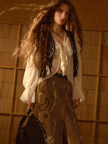 MOTF STUDIO WOMEN'S AUTUMN/WINTER VINTAGE BOHEMIAN STYLE APPLIQUE EMBROIDERED SKIRT - Brown - View 4