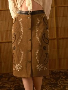 MOTF STUDIO WOMEN'S AUTUMN/WINTER VINTAGE BOHEMIAN STYLE APPLIQUE EMBROIDERED SKIRT - Brown - View 6