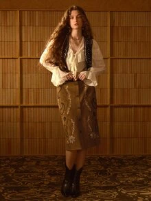 MOTF STUDIO WOMEN'S AUTUMN/WINTER VINTAGE BOHEMIAN STYLE APPLIQUE EMBROIDERED SKIRT - Brown - View 5