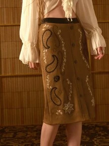 MOTF STUDIO WOMEN'S AUTUMN/WINTER VINTAGE BOHEMIAN STYLE APPLIQUE EMBROIDERED SKIRT - Brown - View 7