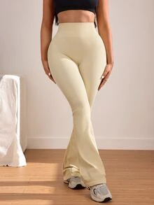 Slayform Seamless High Waist Tummy Control Ribbed Flare Leggings - Khaki - View 6