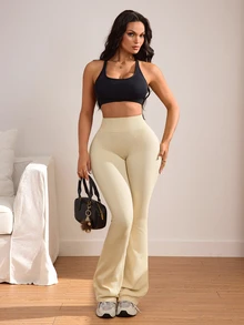 Slayform Seamless High Waist Tummy Control Ribbed Flare Leggings - Khaki - View 1
