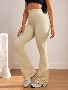 Slayform Seamless High Waist Tummy Control Ribbed Flare Leggings - Khaki - View 4
