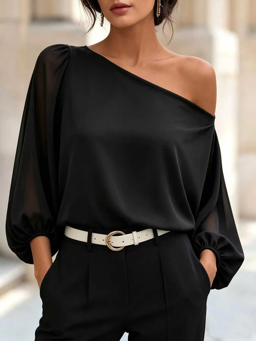 SHEIN Solid Asymmetrical Neck Batwing Sleeve Blouse One Shoulder Top - Black - View 1