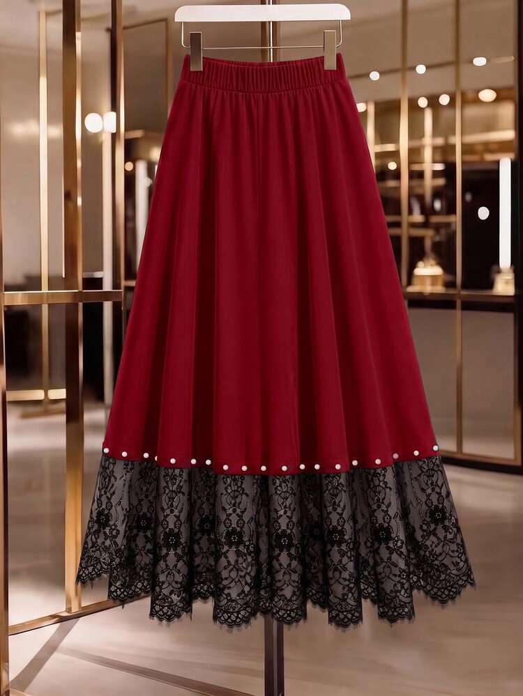 GlowEve CURVE Plus Size Black Pearl & Contrast Lace A-Line Skirt Fall - Black - View 2