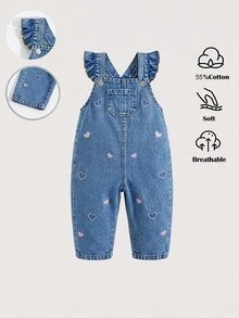 SHEIN Playful Pals Toddler Baby Girl's Denim Dungarees With Soft Cotton Ruffled Shoulder Straps Embroidered Hearts; Suitable For Spring, Summer,Autumn,Fall,And Winter - Medium Wash - View 2