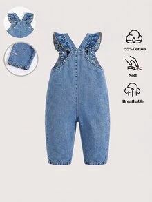 SHEIN Playful Pals Toddler Baby Girl's Denim Dungarees With Soft Cotton Ruffled Shoulder Straps Embroidered Hearts; Suitable For Spring, Summer,Autumn,Fall,And Winter - Medium Wash - View 3