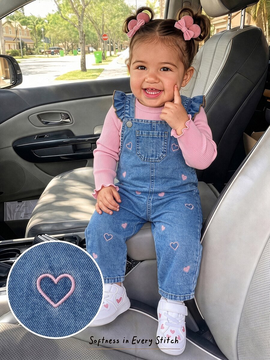 SHEIN Playful Pals Toddler Baby Girl's Denim Dungarees With Soft Cotton Ruffled Shoulder Straps Embroidered Hearts; Suitable For Spring, Summer,Autumn,Fall,And Winter - Medium Wash - View 1