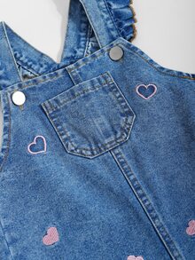 SHEIN Playful Pals Toddler Baby Girl's Denim Dungarees With Soft Cotton Ruffled Shoulder Straps Embroidered Hearts; Suitable For Spring, Summer,Autumn,Fall,And Winter - Medium Wash - View 7