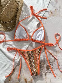 SHEIN Swim 两件式泳衣，撞色花卉亮片纹理挂脖三角胸罩上衣和侧系带泳裤性感比基尼套装，女士，春夏款 - 彩色 - 查看 5