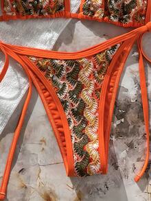 SHEIN Swim 两件式泳衣，撞色花卉亮片纹理挂脖三角胸罩上衣和侧系带泳裤性感比基尼套装，女士，春夏款 - 彩色 - 查看 6