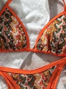 SHEIN Swim 两件式泳衣，撞色花卉亮片纹理挂脖三角胸罩上衣和侧系带泳裤性感比基尼套装，女士，春夏款 - 彩色 - 查看 8